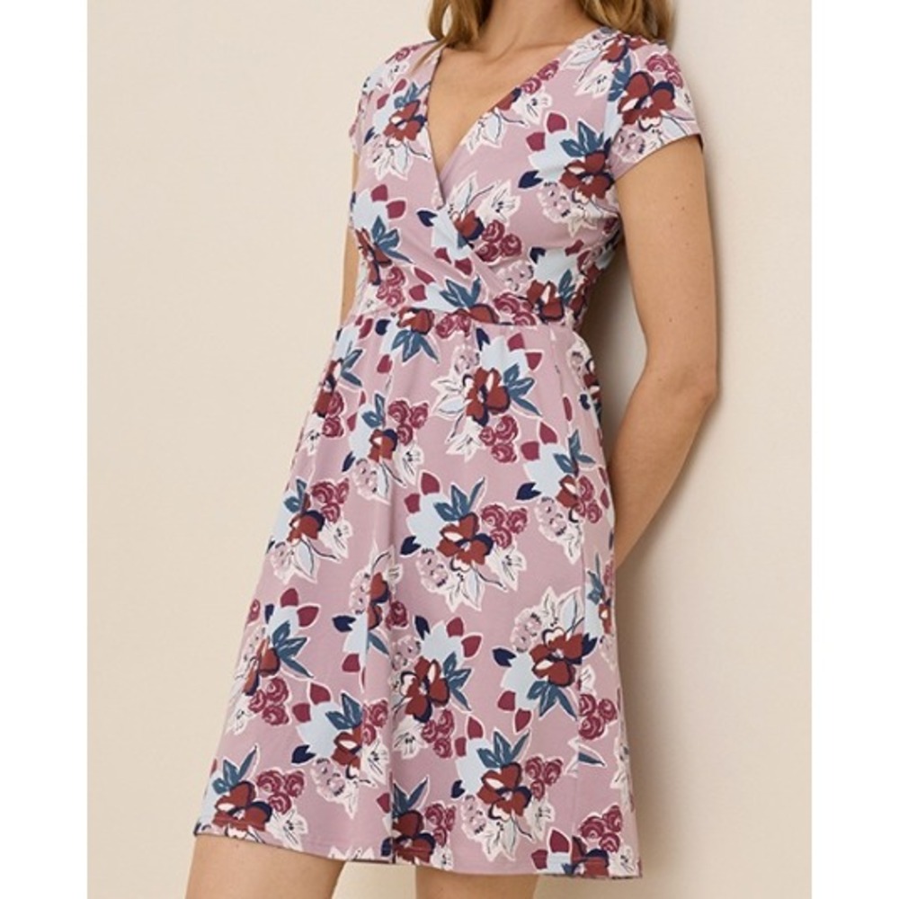 Pact Fit & Flare Crossover Dress Organic Cotton Size Large Floral Mauve Pink
